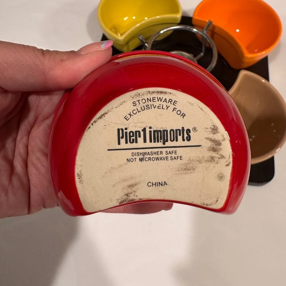 Pier 1 Imports Retro Colorful‎ Stoneware Fondue Set 4 Bowls Forks MCM Style